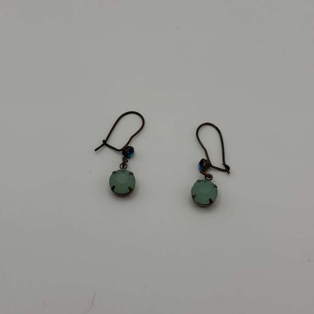 Vintage Bronze Seafoam Green and Navy Blue Crystal Drop Kidney Wire Earrings